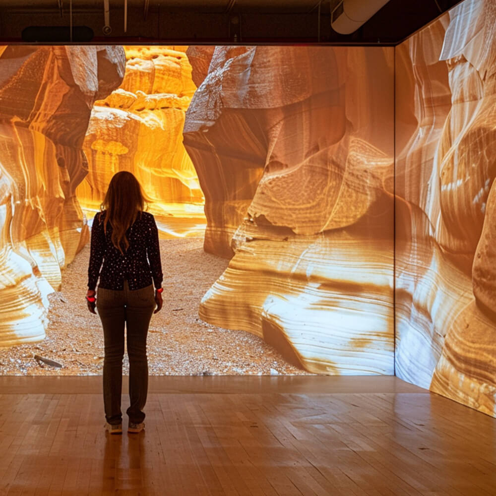 Golden sandstone canyon walls come alive through immersive projection mapping, recreating the warm, sculpted beauty of a natural cave system. A visitor walks through the digitally enhanced space, experiencing the interplay of light and geological formations.